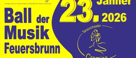 Plakat für eine Musikveranstaltung in Feuersbrunn, Österreich, mit dem Datum 23. Jänner 2020 und einem Logo für Tanzorchester Cremisa. Das Plakat enthält Kontaktdaten und einen Ticketpreis.