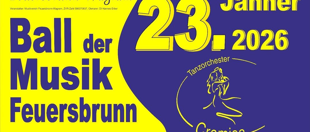 Plakat für eine Musikveranstaltung in Feuersbrunn, Österreich, mit dem Datum 23. Jänner 2020 und einem Logo für Tanzorchester Cremisa. Das Plakat enthält Kontaktdaten und einen Ticketpreis.