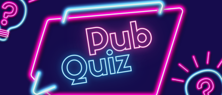 Ein Neonschild für Pub Quiz mit Fragezeichen drumherum.
