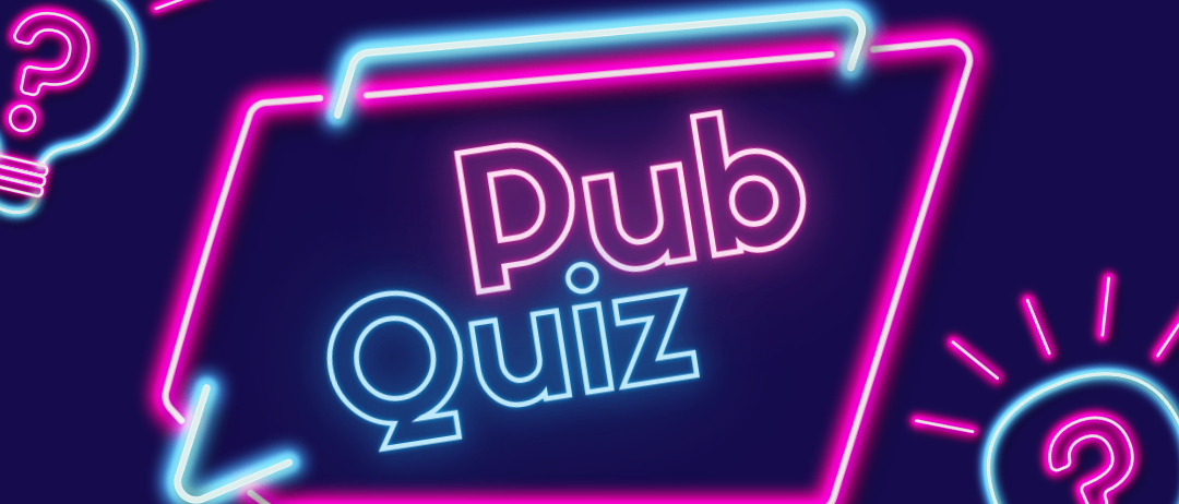 Ein Neonschild für Pub Quiz mit Fragezeichen drumherum.