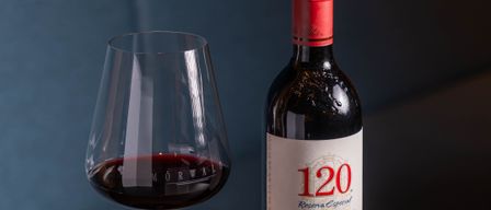 A bottle of red wine with a label reading 'Santa Rita 120 Reserva Especial Cabernet Sauvignon' next to a wine glass filled with wine on a wooden table.