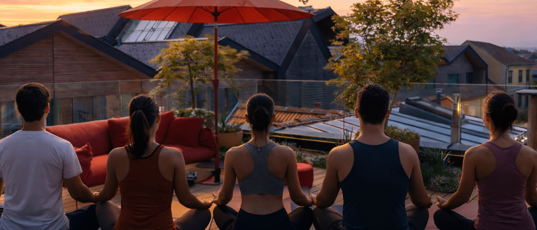 Fünf Personen sitzen auf Yogamatten auf einer Holzterrasse und blicken auf den Sonnenuntergang. Hinter ihnen steht ein Regenschirm. Hinter dem Zaun befinden sich Häuser und Bäume.