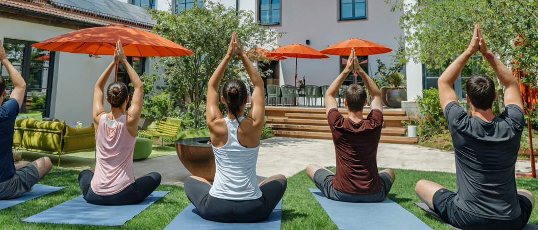 Fünf Personen praktizieren Yoga auf dem Rasen vor einem modernen Haus, alle mit Händen über ihren Köpfen. Ein großer Baum und zwei Regenschirme sind in der Nähe.