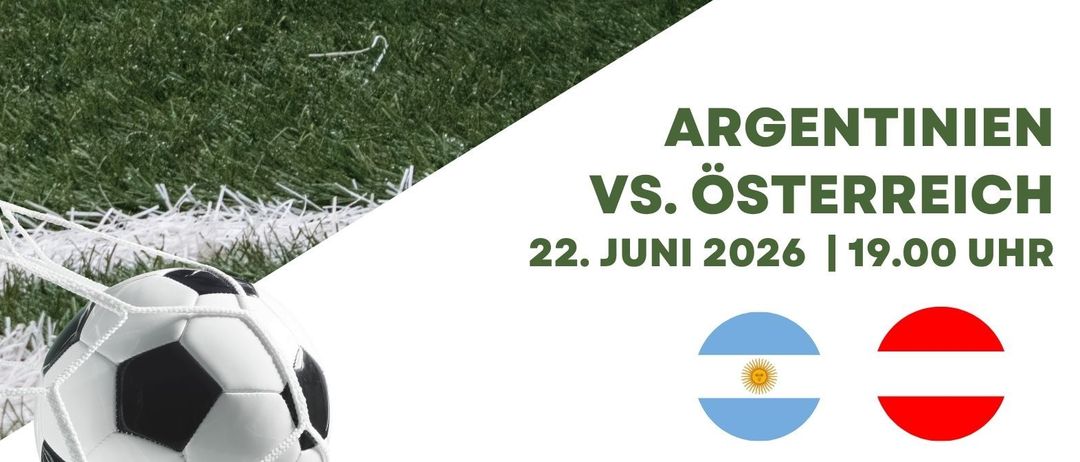 Public viewing of Argentina vs. Austria on June 22, 2026 at 19:00. Free entry, buffet, and weather festival. Soccer ball on a green field.