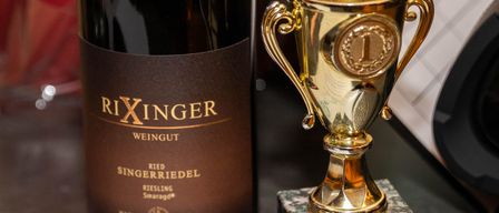 Eine Flasche Rixinger Wein steht neben einem goldenen Pokal auf einem Granitsockel mit der Aufschrift 'Morwald's Pub Quiz Champion'.
