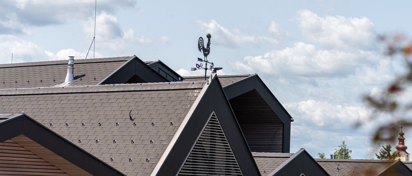 A modern building with a gray roof, black edges, and a rooster weather vane on top. The building is surrounded by trees, and the sky is blue with clouds.