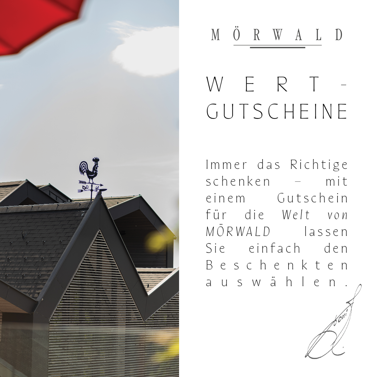 Eine Werbung für Morwald-Gutscheine. Ein Haus mit einer Wetterfahne oben. Eine Unterschrift am unteren Rand.