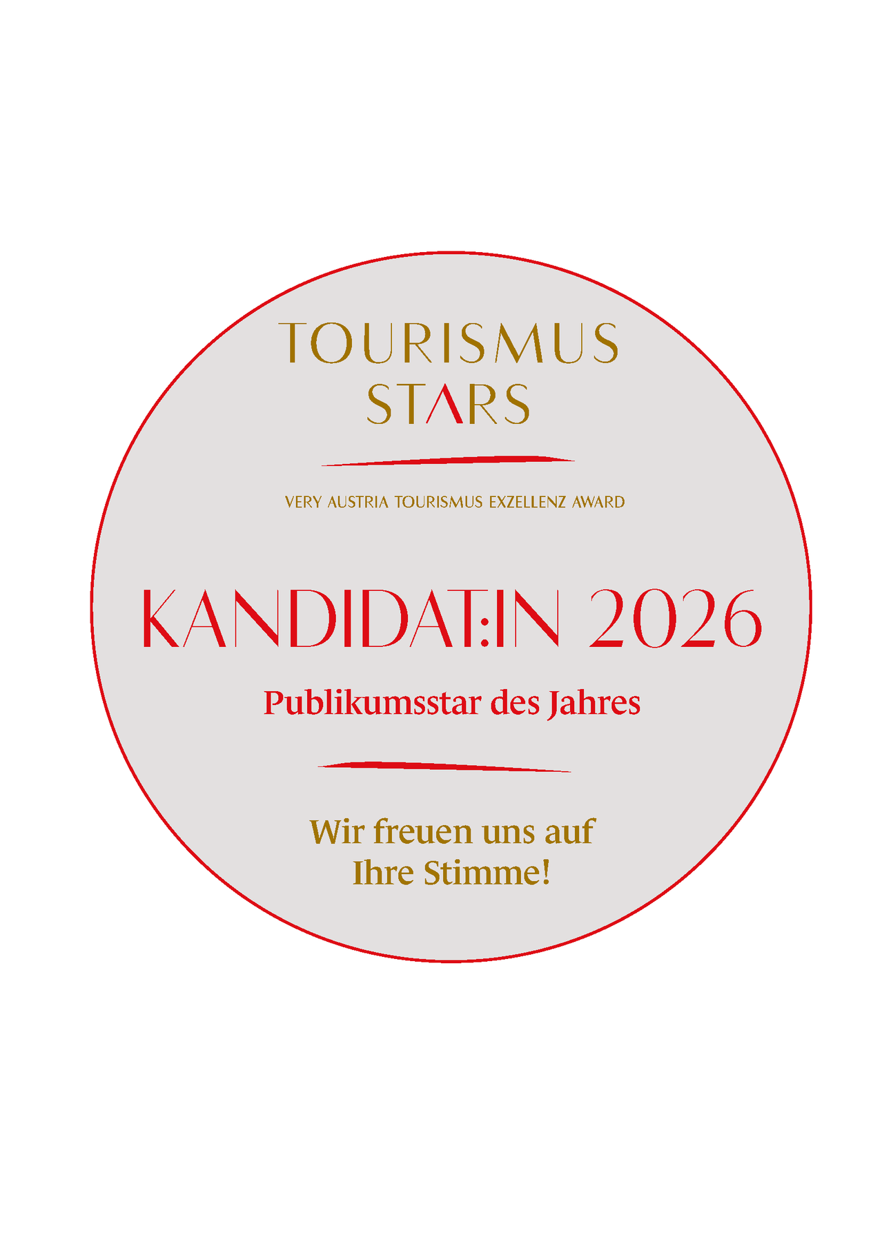 Circular graphic displaying Tourismus Stars, a tourism excellence award in Austria. It announces a nomination for 2026 as the Public Star of the Year, inviting votes.