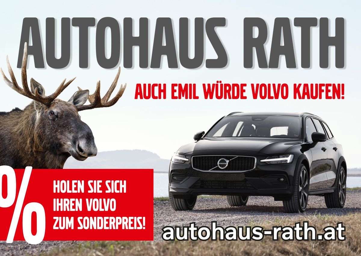 Eine Werbung für Autohaus Rath zeigt ein schwarzes Volvo-Auto mit einem Elch im Hintergrund. Der Text ist auf Deutsch und hebt einen Sonderpreis für Volvo-Autos hervor.