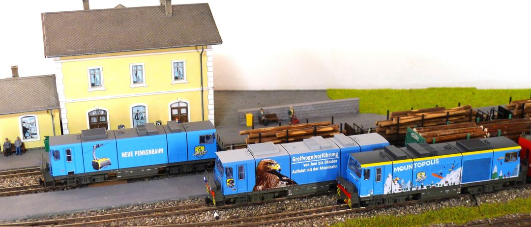 Ein Modellbahn-Setup mit einem blauen Zug, der ein Adlerbild und den Text 'Greifvogelvorführung' zeigt. Der Zug befindet sich auf einer Strecke mit einem Bahnhof im Hintergrund.