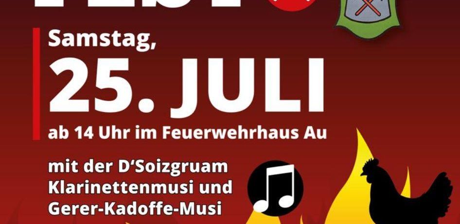 Plakat für Sommer Fest am 25. Juli mit einem Hahn, Grill und Musiknoten. Veranstaltung mit Grillspezialitäten, Feuerwehrautofahrten, Kaffee und mehr.