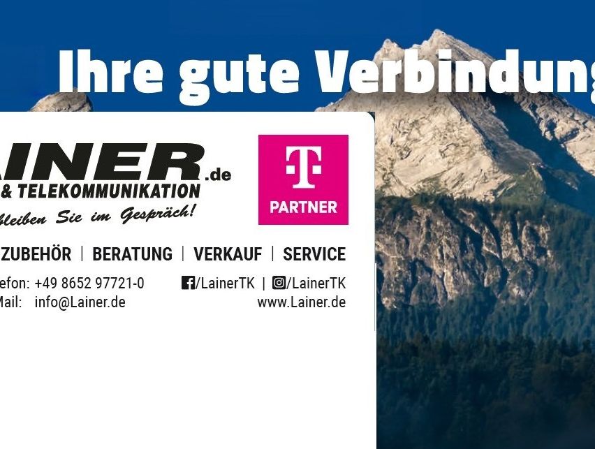 Eine Werbung für Lainer.de zeigt eine Berglandschaft mit blauem Himmel, einem T-Partner-Logo und Kontaktinformationen. Der Text ist auf Deutsch.