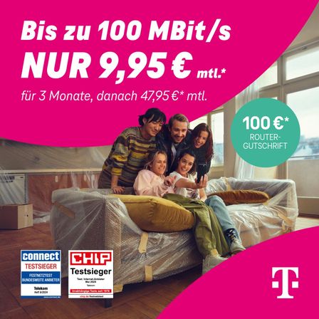Eine Werbung für eine Familie, die Smartphones mit einem Router benutzt. Die Familie sitzt auf einer abgedeckten Couch mit einem rosa Hintergrund. Der Text lautet 'Bis zu 100 MBit/s für nur 9,95 Euro pro Monat.' Ein kostenloser Router wird ebenfalls angeboten.