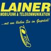 Ein blaues Poster mit gelbem Text und einem Telefonsymbol. Es steht 'LAINER MOBILFUNK & TELEKOMMUNIKATION' und '...mit uns bleiben Sie im Gespraech!'. Ein Telefon ist in der unteren rechten Ecke abgebildet.