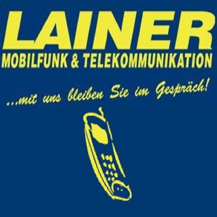 Ein blaues Poster mit gelbem Text und einem Telefonsymbol. Es steht 'LAINER MOBILFUNK & TELEKOMMUNIKATION' und '...mit uns bleiben Sie im Gespraech!'. Ein Telefon ist in der unteren rechten Ecke abgebildet.