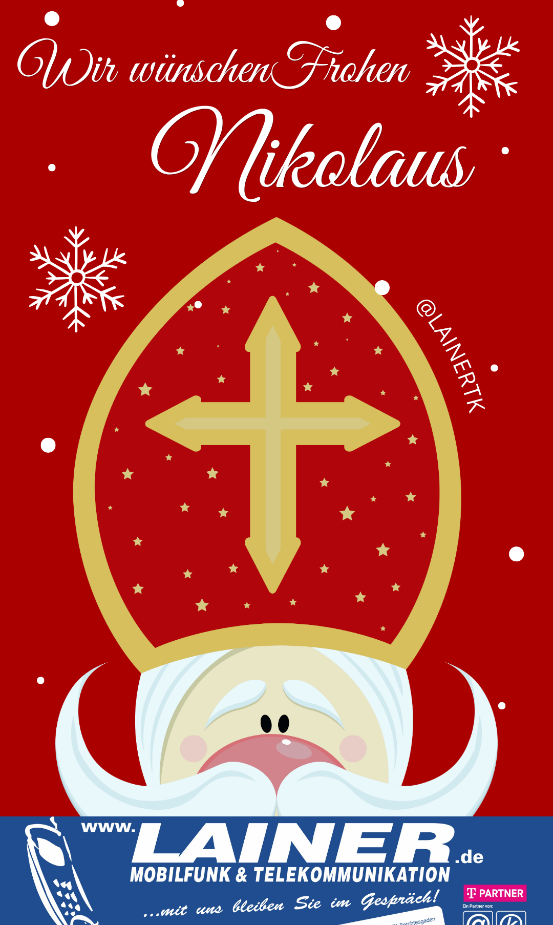 Eine festliche Illustration zeigt eine Bischofsmütze mit einem goldenen Kreuz und Sternen auf rotem Hintergrund. Schneeflocken und Punkte umgeben das Design und verleihen ihm einen weihnachtlichen Touch.