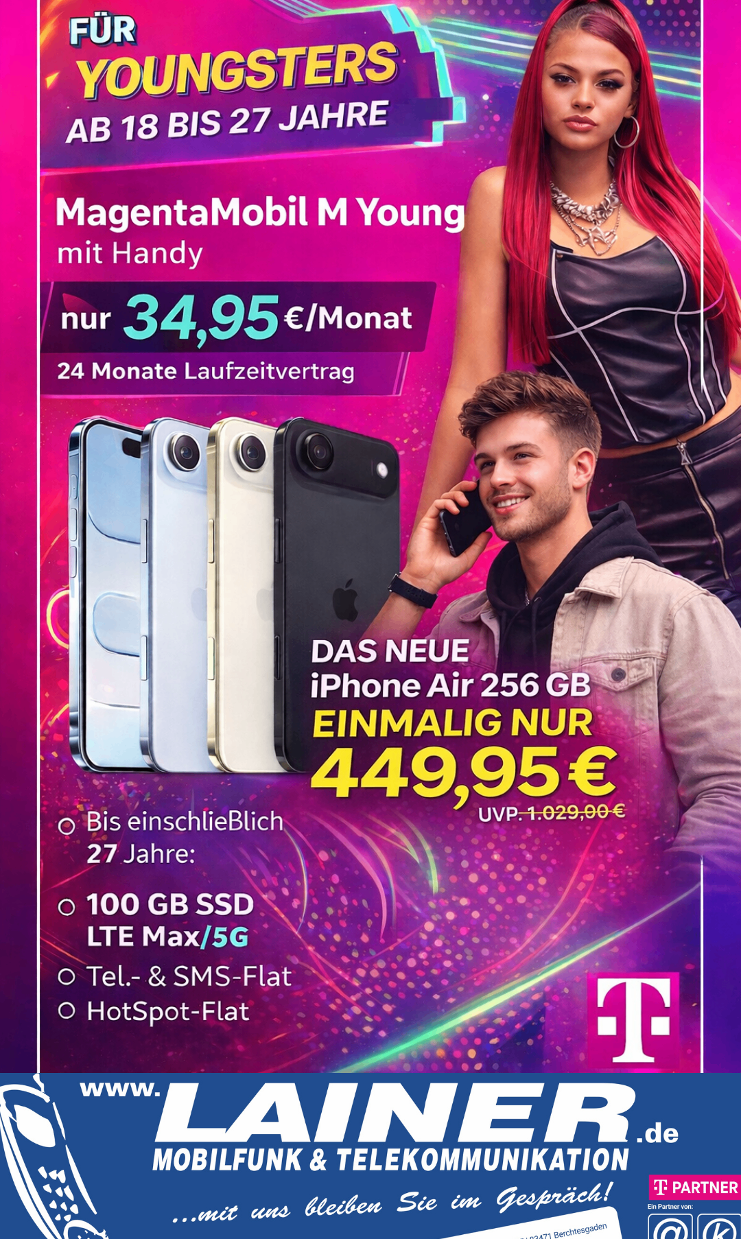 Werbung für neues iPhone Air 256 GB mit vier Farboptionen. Preis 449,95 Euro. Angebot beinhaltet 100 GB SSD, LTE Max/5G und Telefon- und SMS-Flatrate.