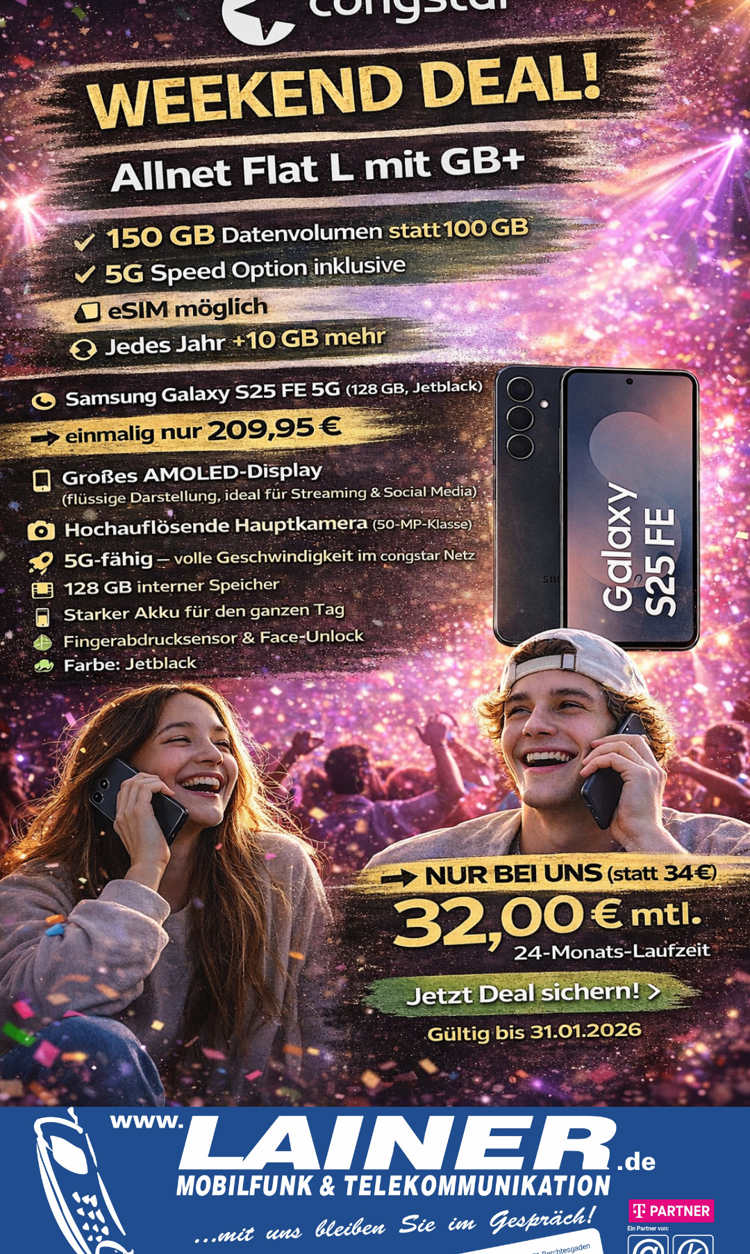 Ein Poster bewirbt ein Samsung Galaxy S25 FE 5G Handy mit 128 GB Speicher, Jet Black Farbe, 5G Fähigkeit und einem großen AMOLED-Display. Der Preis beträgt 209,95 Euro. Zusätzliche Funktionen sind eine hochauflösende Hauptkamera, Fingerabdrucksensor und Face-Unlock.
