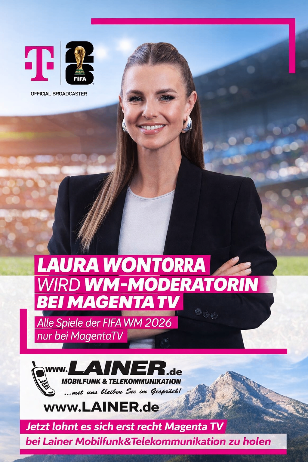 Laura Wontorra will be the moderator for Magenta TV. All matches of the FIFA WM 2026 will only be on MagentaTV. Visit www.laineR.de for mobile radio and telecommunications.