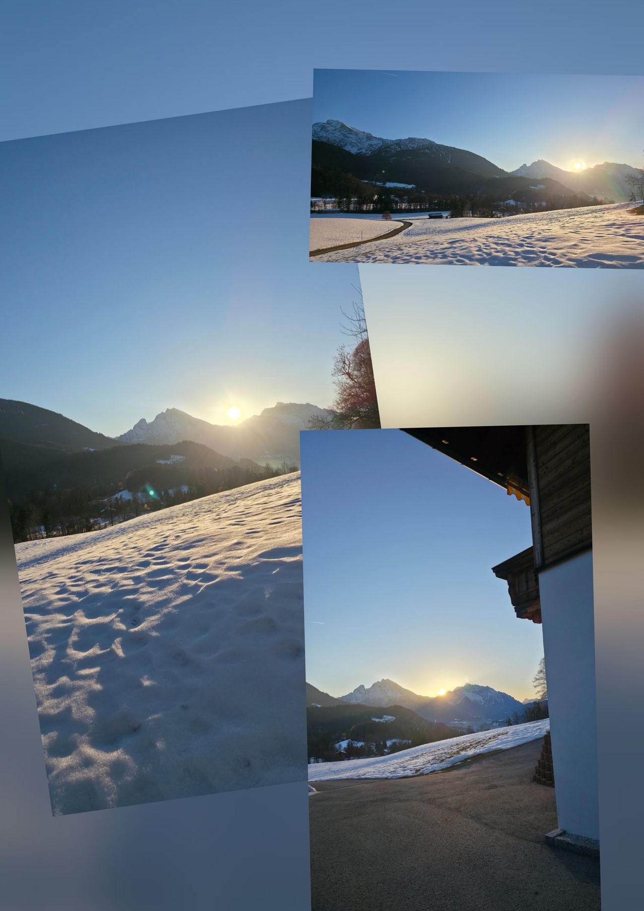 A scenic collage of snowy mountains at sunset. One panel shows a sunlit mountain range, another a snowy field with a distant road, and the final one a building with a sunlit backdrop.