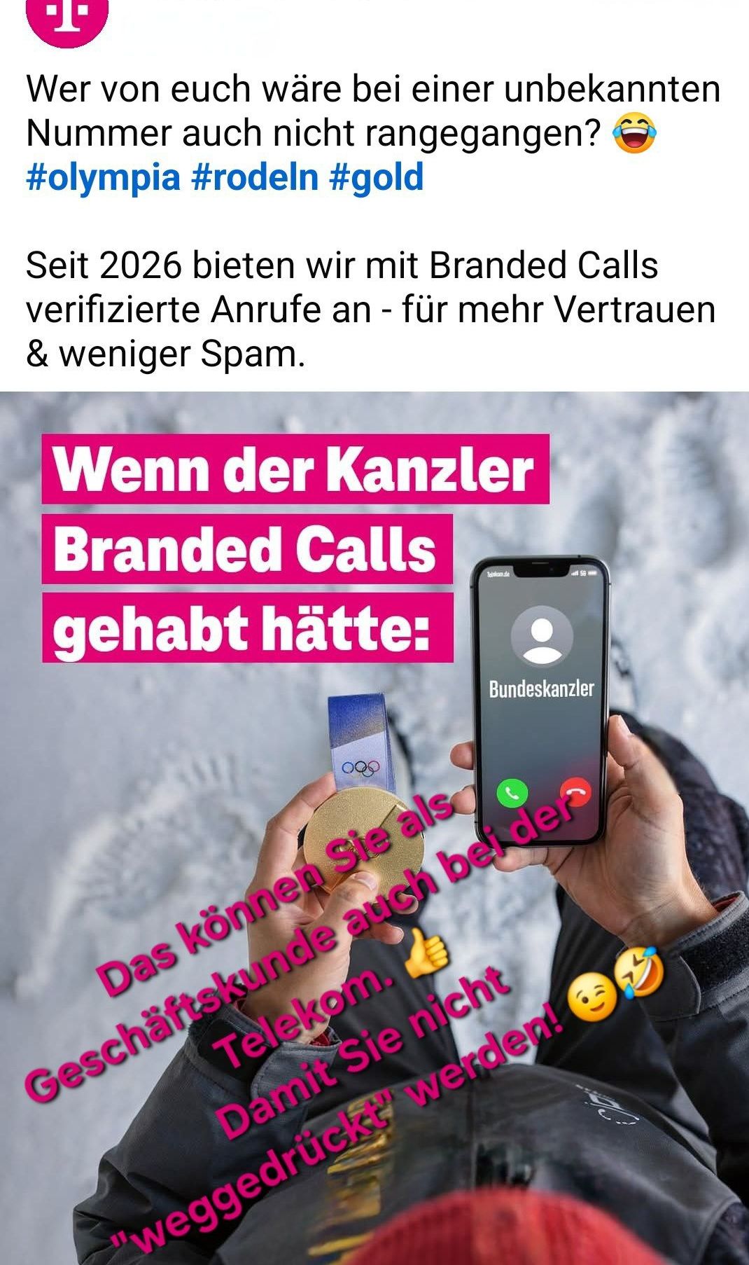 A person holding a gold medal and a phone with the Bundeskanzler logo. The phone screen reads 'Branded Calls'. The background is snowy.