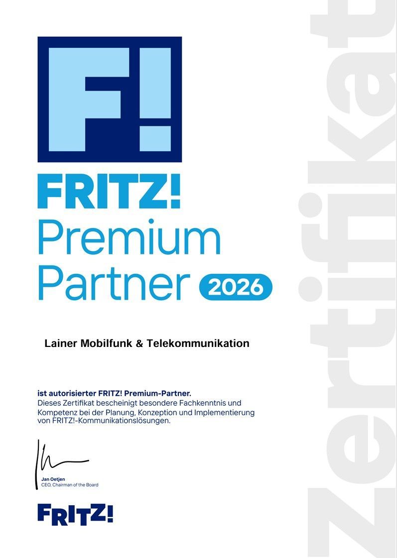 This certificate recognizes Lainer Mobilfunk & Telekommunikation as an authorized FRITZ! Premium Partner. It highlights their expertise in planning, concept, and implementation of FRITZ! communication solutions.