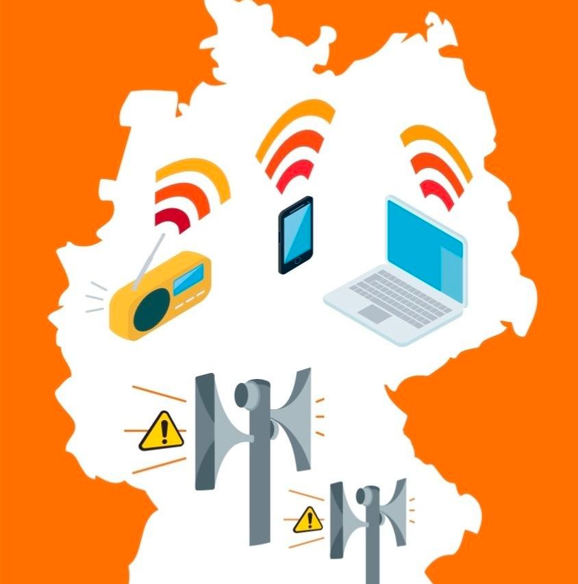 An illustration of Germany with various electronic devices and warning signs. A radio, smartphone, laptop, and megaphones are depicted.