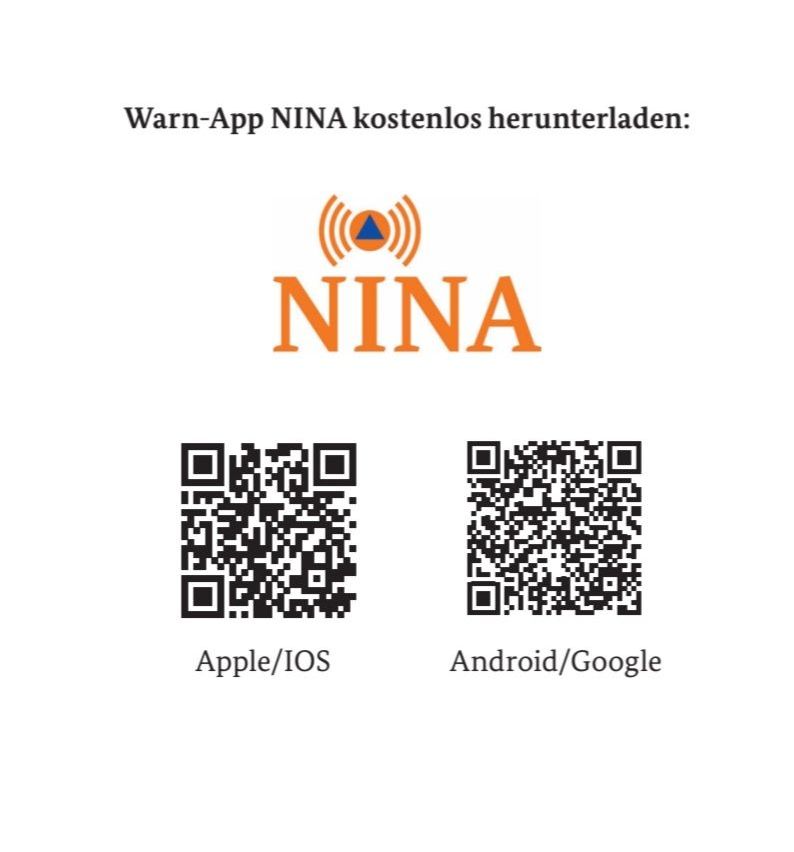 An advertisement for the NINA warning app, available for free download on Apple/iOS and Android/Google. QR codes are provided for easy access.