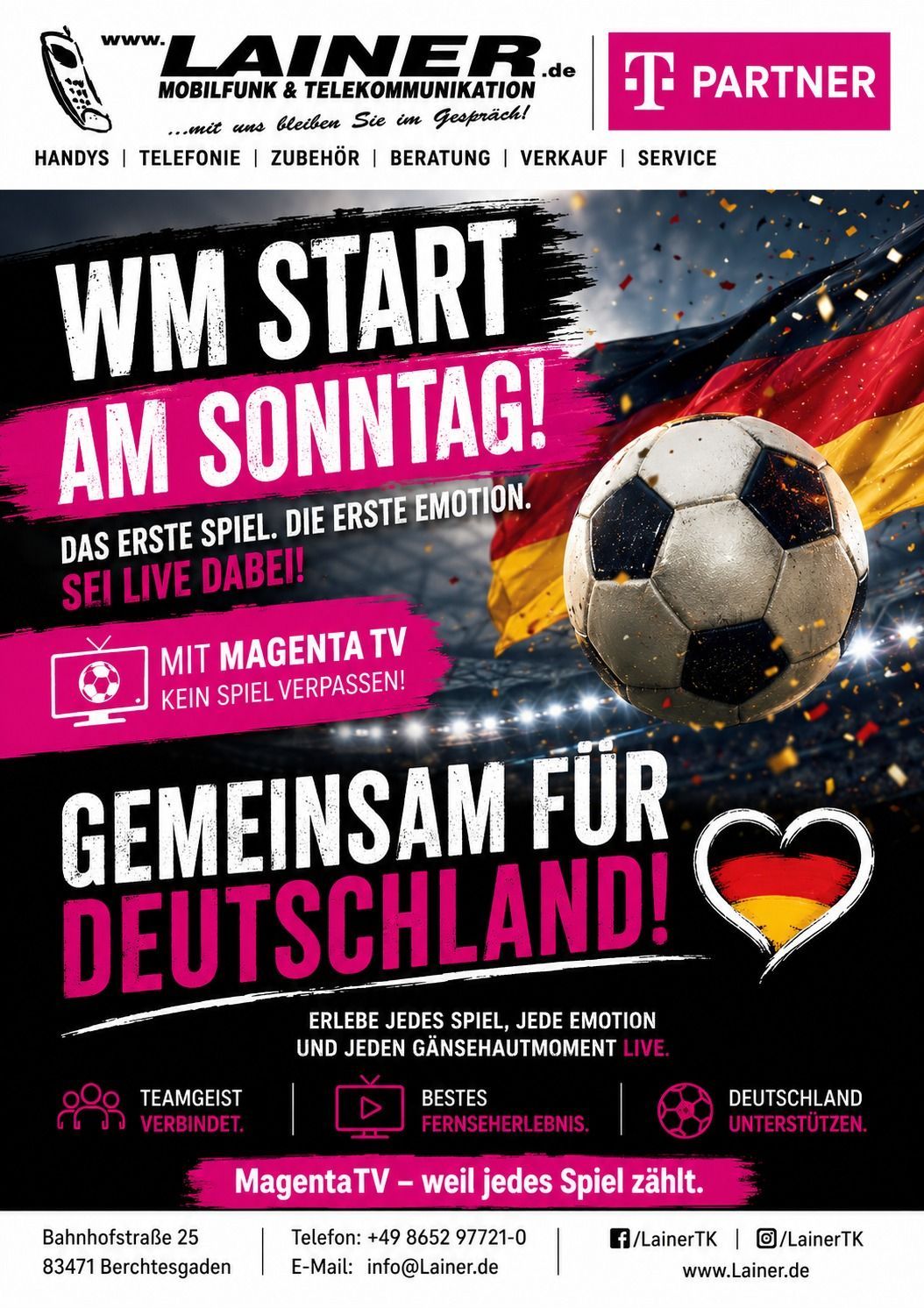 Soccer event poster with a German flag in the background and a ball. Magenta TV encourages everyone to join. English and German text.