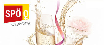 Zwei Champagnerkelche mit einem rosa Band und Champagnerspritzern, mit dem Spoerry Worterberg Logo oben links.