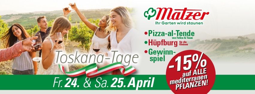 Matzer-Werbeplakat für Gartenparty und Weinprobe mit italienischen Themen am 24. und 25. April. Zeigt eine Gruppe von Menschen, die mit Getränken und in einem Garten feiern. Bietet 15% Rabatt auf mediterrane Pflanzen.