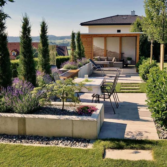 Ein Garten mit einem Gartenbereich, einem Esstisch, Stühlen und einer Holzbank. Ein kleines Holzhaus und ein modernes Haus mit Dachterrasse im Hintergrund.