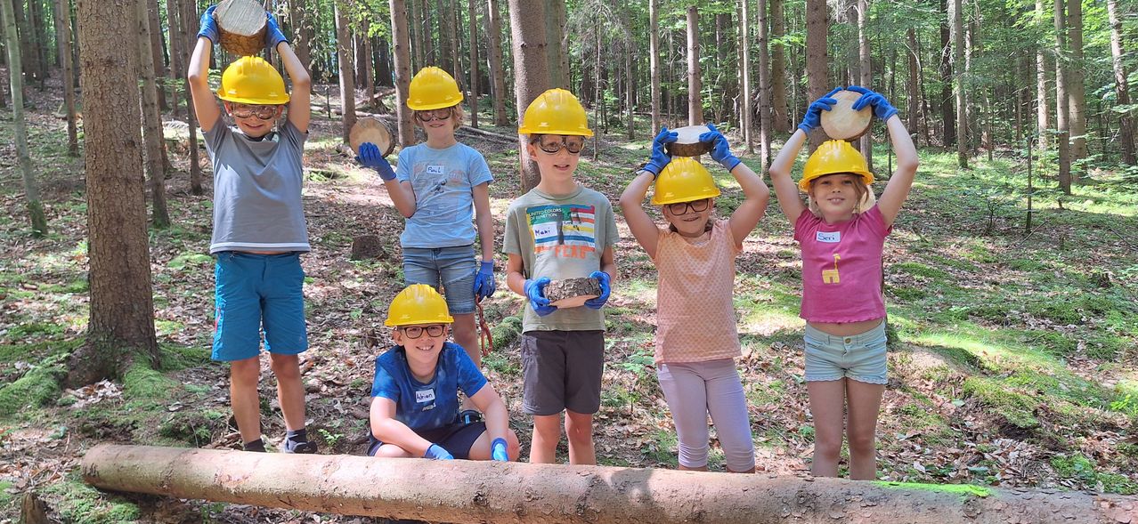 Sechs Kinder im Wald, die gelbe Helme und Handschuhe tragen, halten einen Baumstamm und ein Stück Rinde hoch. Sie lächeln und posieren für ein Foto.