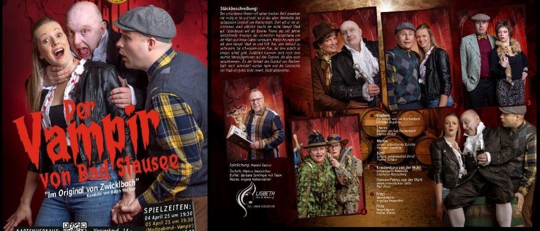 Ein Plakat für das deutsche Theaterstück 'Der Vampir und Stause' im Kultursaal Mühldorf. Das Stück läuft vom 5. April bis 12. April. Zum Programm gehören Schauspieler in Kostümen, ein Schlosshintergrund und ein Zeitplan der Aufführungen.