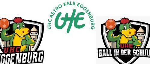 Zwei Logos zeigen eine gezeichnete Schildkröte, die einen Ball hält. Das linke Logo sagt UHC Eggenburg seit 1946. Das rechte Logo sagt UHE Ball in der Schule.