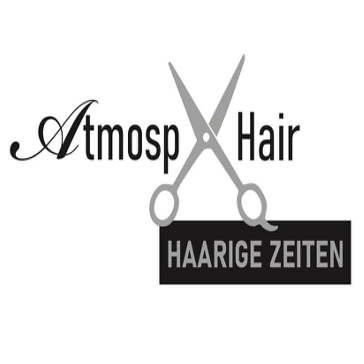 Das Atmosp Hair Logo mit einer Schere und dem Text 'HAARIGE ZEITEN'