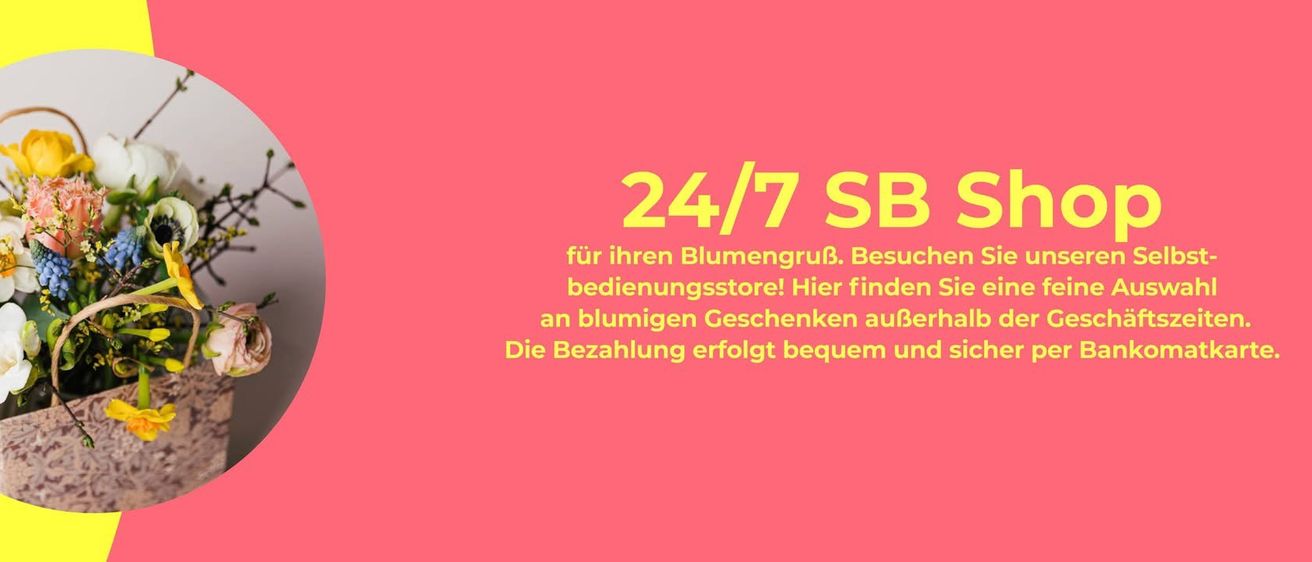 Werbung für einen Blumenladen mit rosa Hintergrund. Der Text lautet '24/7 Service für Ihre Blumenbedürfnisse. Blumengeschenke erhältlich. Zahlung erfolgt einfach.'