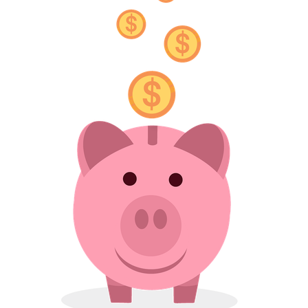 Ein rosafarbenes Sparschwein mit lächelndem Gesicht und drei Dollar-Münzen obenauf. Die Münzen sind kreisförmig.