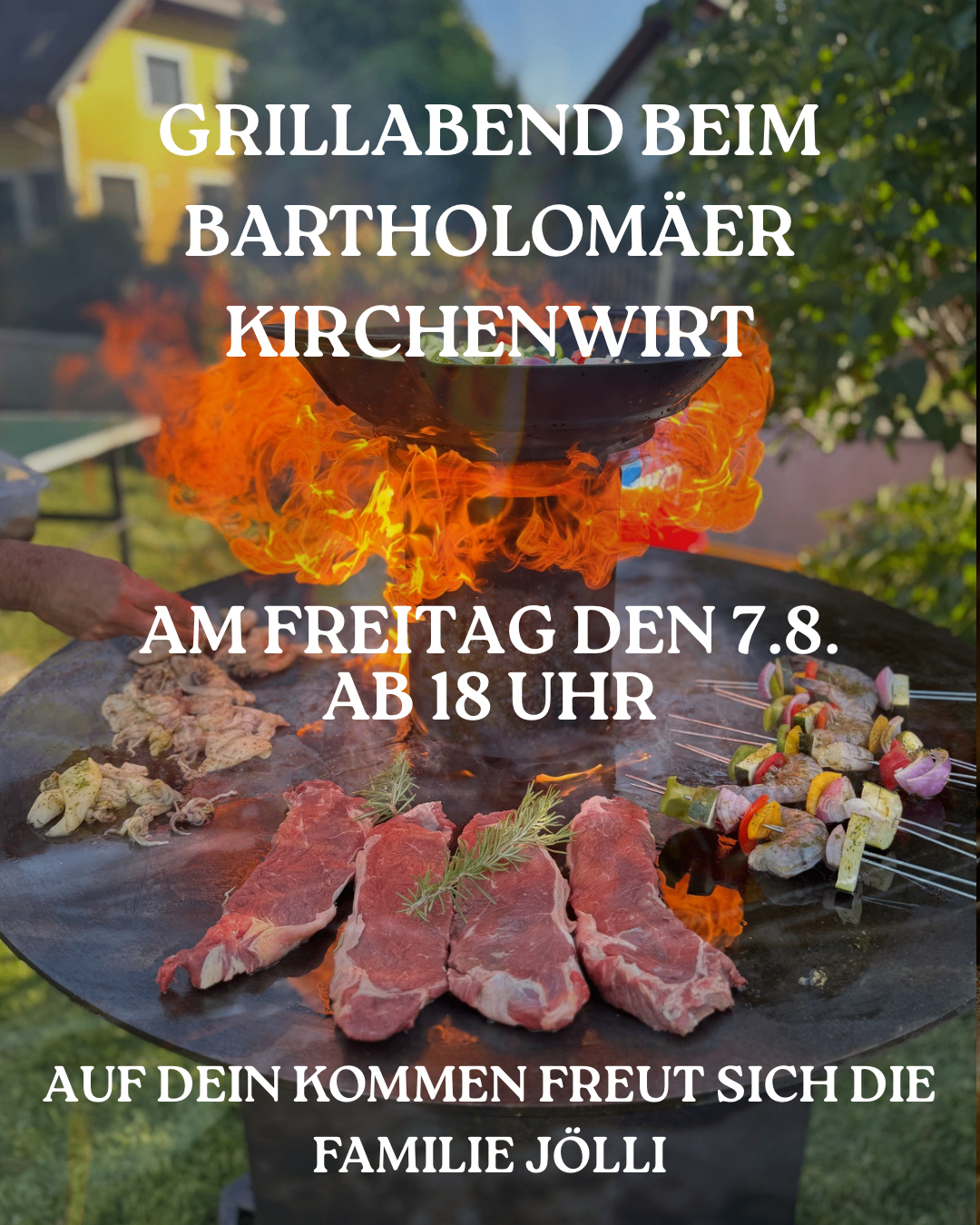 Ein Grillabend bei St. Bartholomäus Kirche am Freitag, den 7. August, ab 18 Uhr. Rohes Fleisch und Gemüse auf Spießen, mit einem Feuerkorb in der Mitte.
