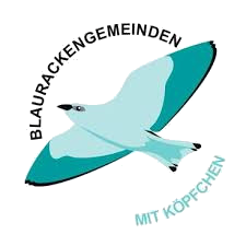 Eine stilisierte Abbildung eines fliegenden Vogels mit den Worten Blaurackengemeinschaften und MF KOPTCHEN auf schwarzem Hintergrund.