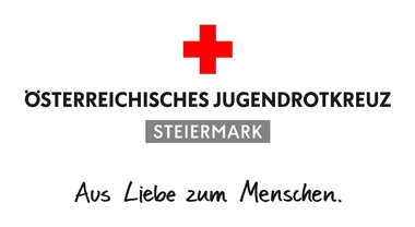 Ein schwarzer Hintergrund mit einem roten Kreuz und dem Text 'Osterreichisches Jugendrotkreuz Steiermark'. Darunter steht der Text 'Aus Liebe zum Menschen'.