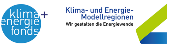 Logo des Klima und Energiefonds mit einem blauen Pluszeichen und den Worten Klima- und Energie-Modellregionen. Wir gestalten die Energiewende.