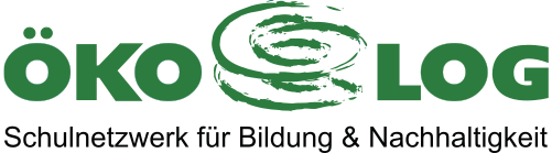 OKO LOG Logo in Grün, mit einem stilisierten Blatt und dem Text 'Schulnetzwerk für Bildung & Nachhaltigkeit' darunter.
