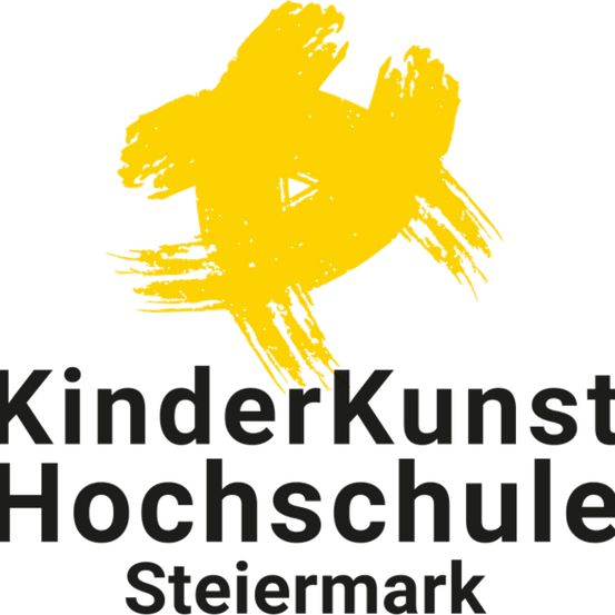 Das Bild zeigt einen gelben abstrakten Vogel auf schwarzem Hintergrund mit den Worten KinderKunst Hochschule Steiermark.