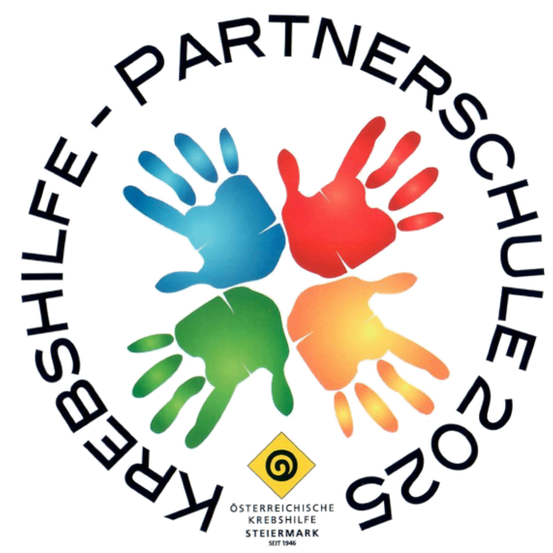Logo mit vier mehrfarbigen Händen, die einen Kreis um den Text 'Partnerschulle 2020' auf schwarzem Hintergrund bilden.