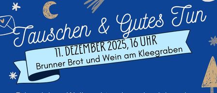 Blaues Plakat mit Text 'Tauschen & Gutes Tun'. Veranstaltung am 11. Dezember 2025, 16 Uhr. Bringen Sie Ihren Weihnachtsschmuck oder selbst Gebasteltes mit und tauschen Sie es mit anderen aus. Spenden für die Renovierung der Pfarrkirche werden gesammelt. Gemütliche Atmosphäre mit Glühwein, Punsch, Weihnachtsmusik und Geschenktausch.