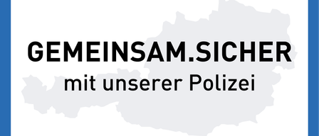 Eine Werbung für gemeinschaftliche Sicherheit mit der Polizei. Der Text ist in großen schwarzen Buchstaben geschrieben. Darunter befindet sich eine Karte eines Landes, grau eingefärbt.