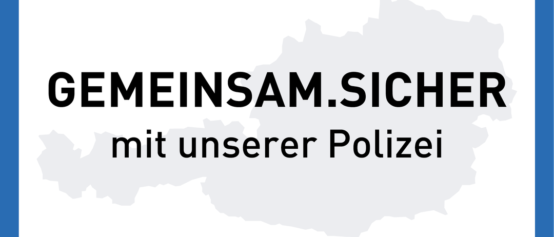 Eine Werbung für gemeinschaftliche Sicherheit mit der Polizei. Der Text ist in großen schwarzen Buchstaben geschrieben. Darunter befindet sich eine Karte eines Landes, grau eingefärbt.