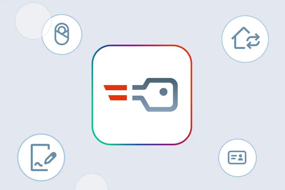 Ein Symbol eines Schlüssels in der Mitte, umgeben von verschiedenen Symbolen, einschließlich eines Schlosses, eines Hauses, eines Dokuments und eines Profilsymbols.