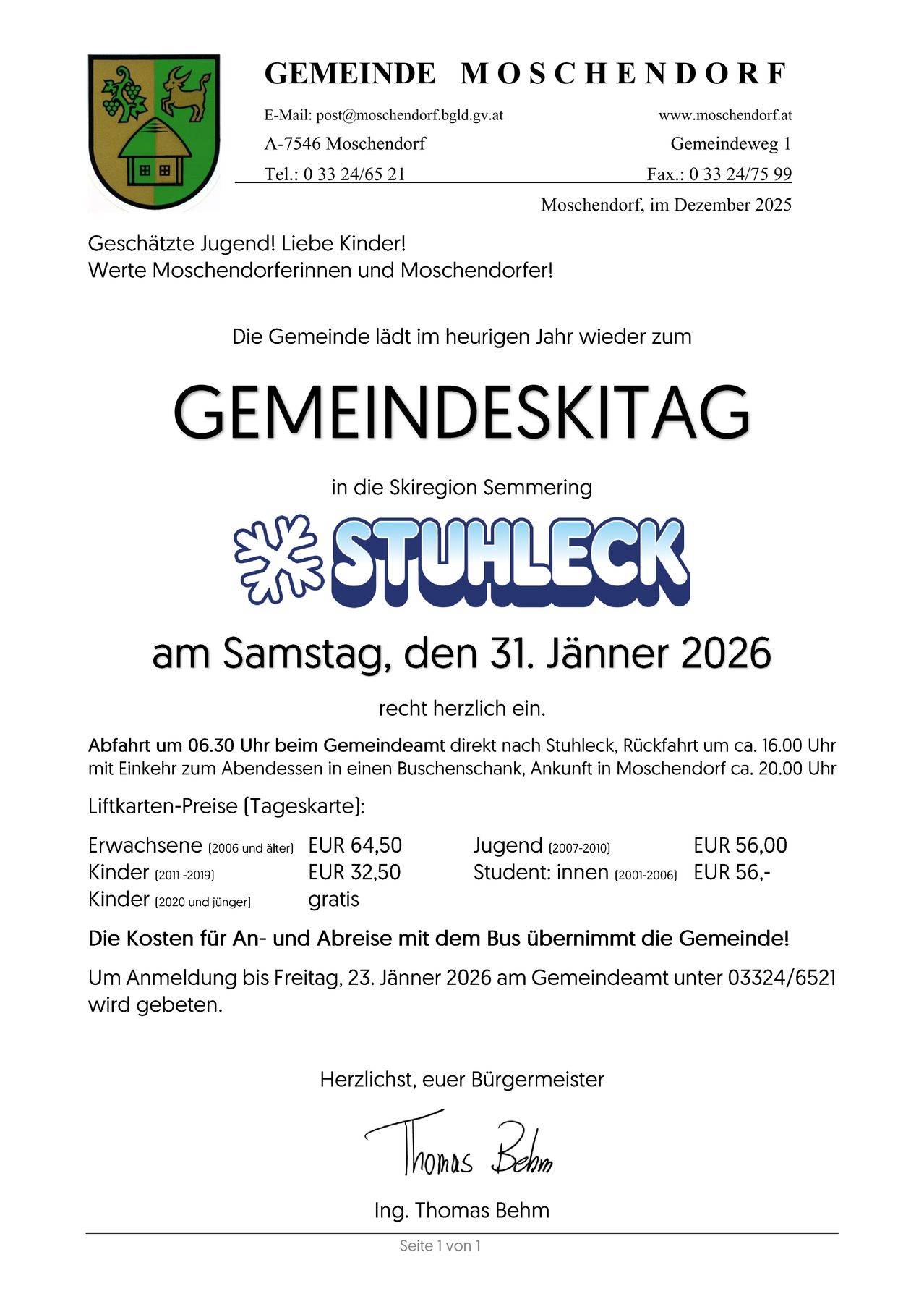 Plakat für Gemeindeskitag in Semering. Veranstaltung am 31. Januar 2026, mit Preisen für Lifttickets. Beinhaltet Transportdetails und Anmeldeinformationen. Begrüßung des Bürgermeisters.